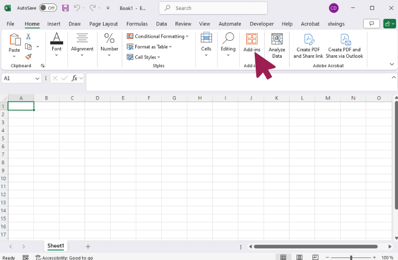 Go to Excel Add-ins button